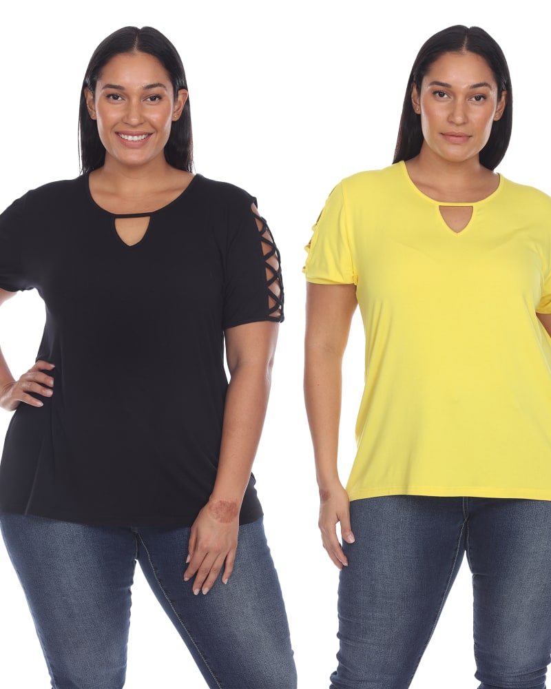 Front of a model wearing a size 2X Essential 2 Pack Keyhole Neck Top in Black Yellow by White Mark. | dia_product_style_image_id:249927